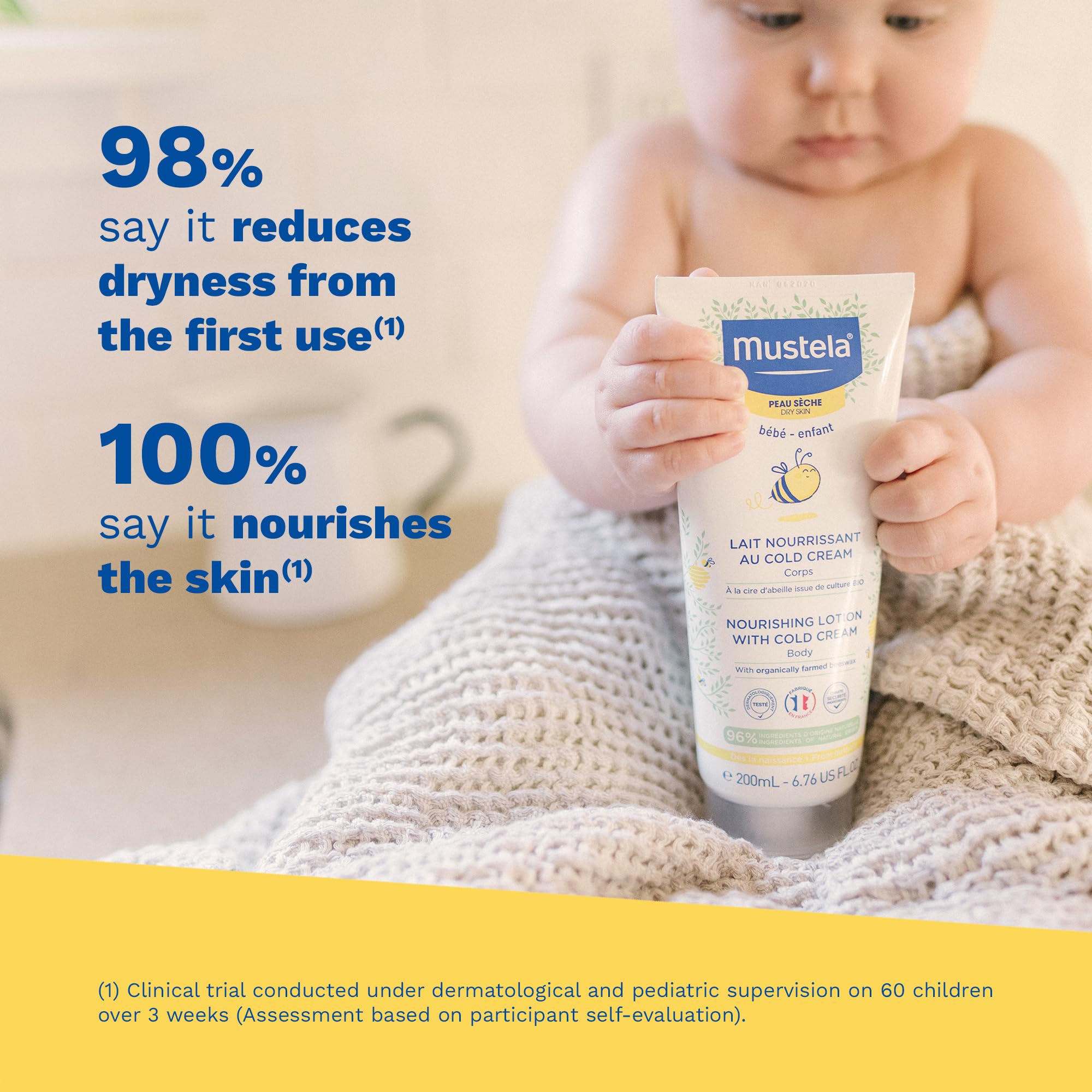 Mustela lotion texture close-up demonstrating rich creaminess for deep hydration