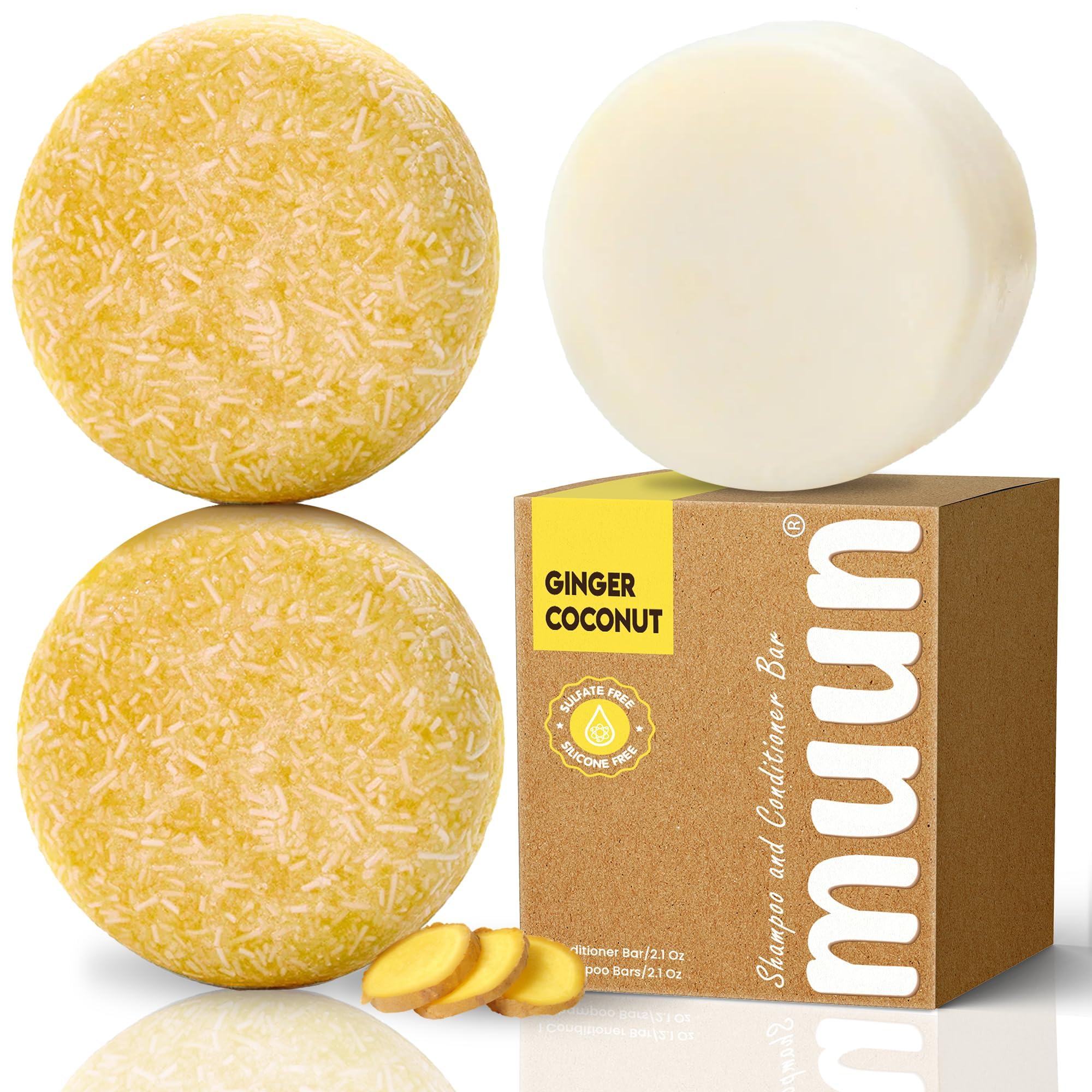 Muun front view of three ginger bars showing eco-friendly packaging and reduced plastic
