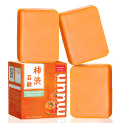Muun persimmon soap front packaging showing three bars and clear benefit