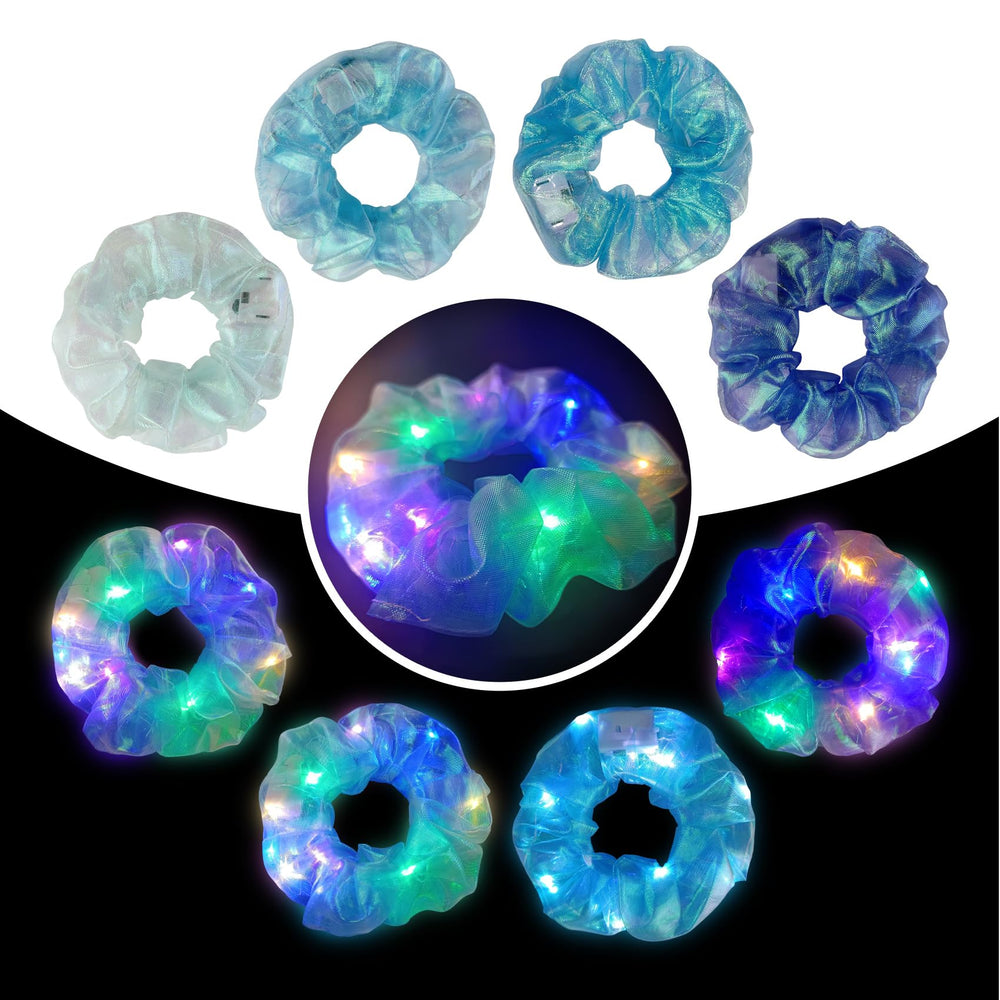 MUYANN front view of four blue LED scrunchies showing shades and style benefit visibility