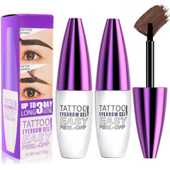 MVC front packaging of two dark brown peel-off eyebrow gels for travel convenience