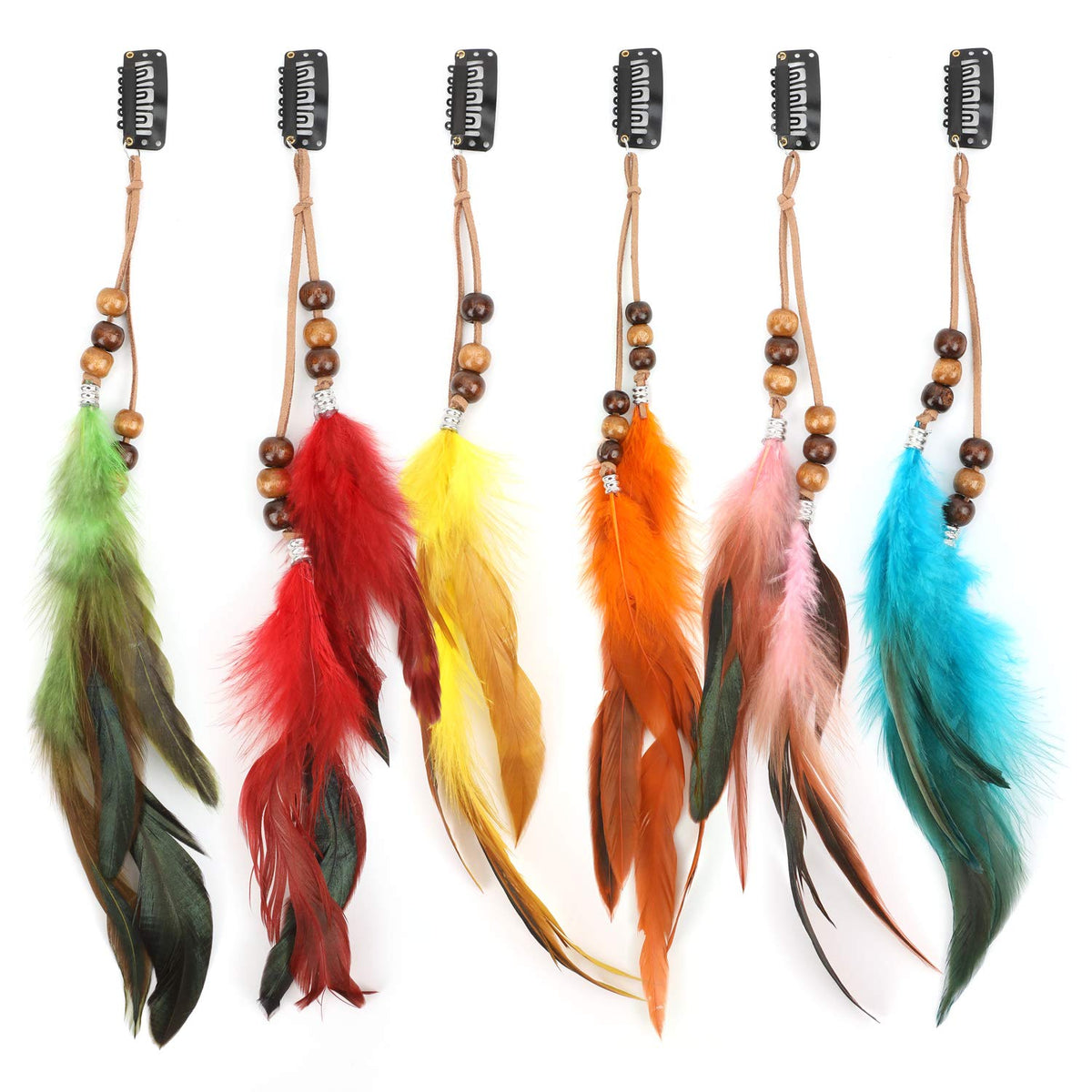MWOOT feather hair clips front packaging shows six-piece boho set and quick styling benefit