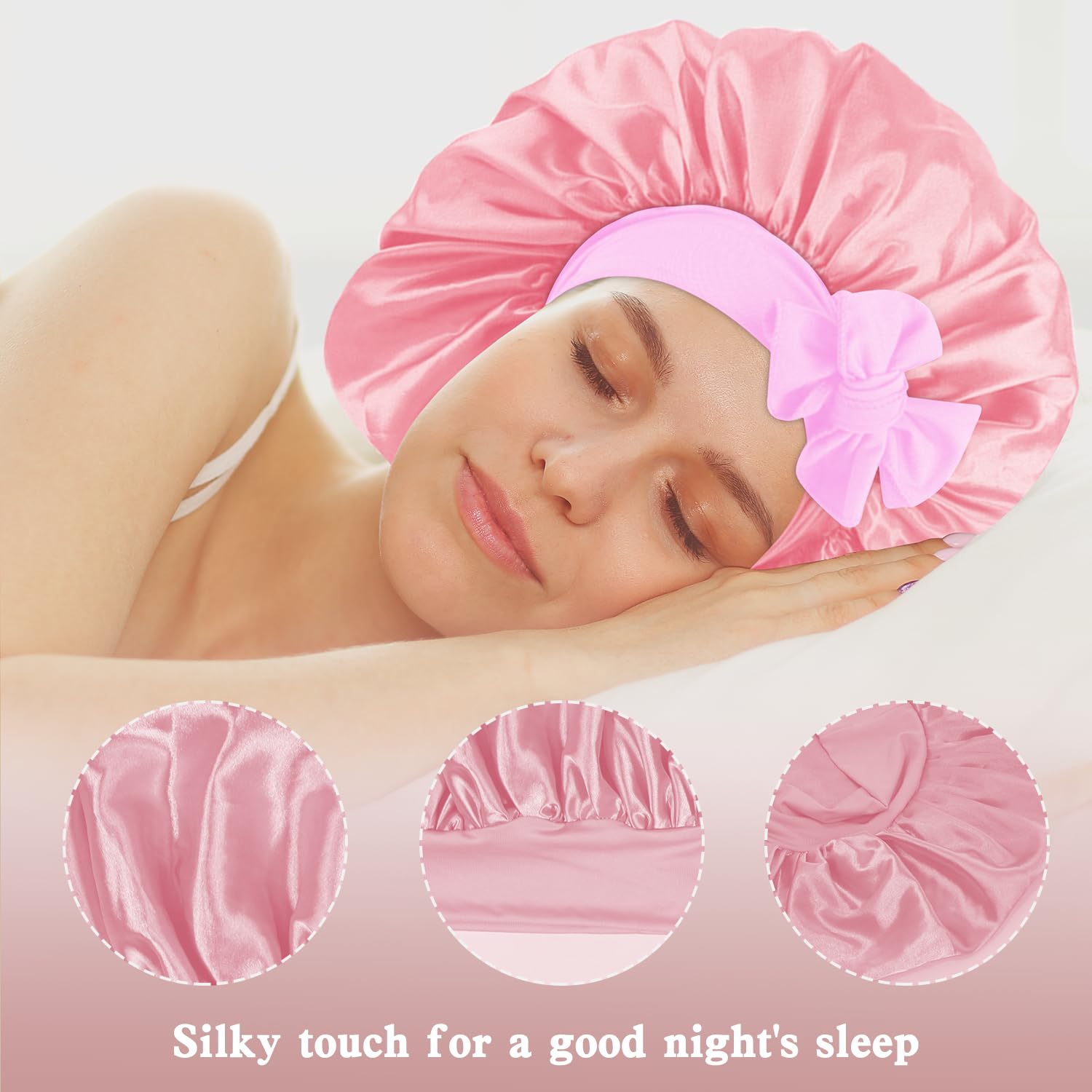 my novel things bonnet worn on curly hair demonstrating protection against frizz and overnight tangles