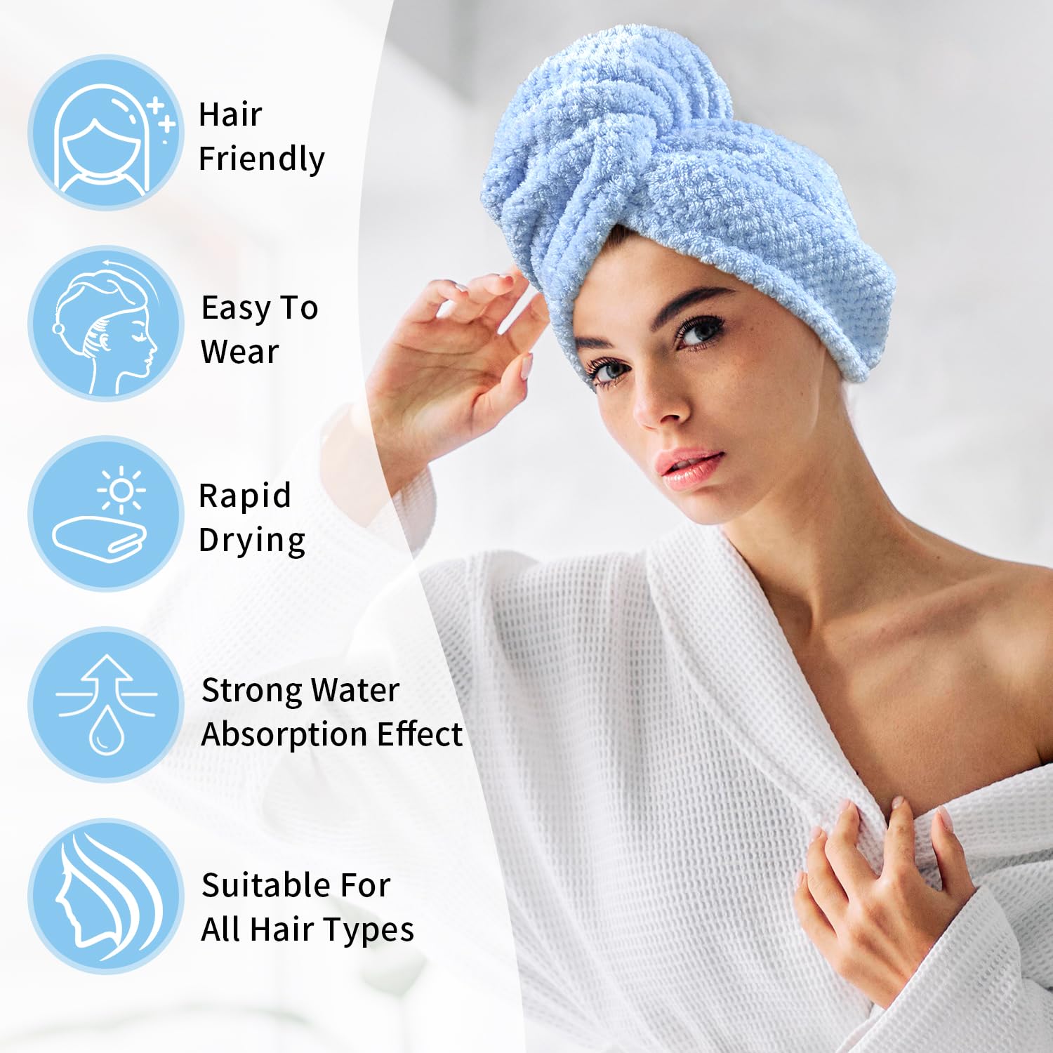my novel things wrap worn on curly hair in bathroom demonstrating reduced frizz