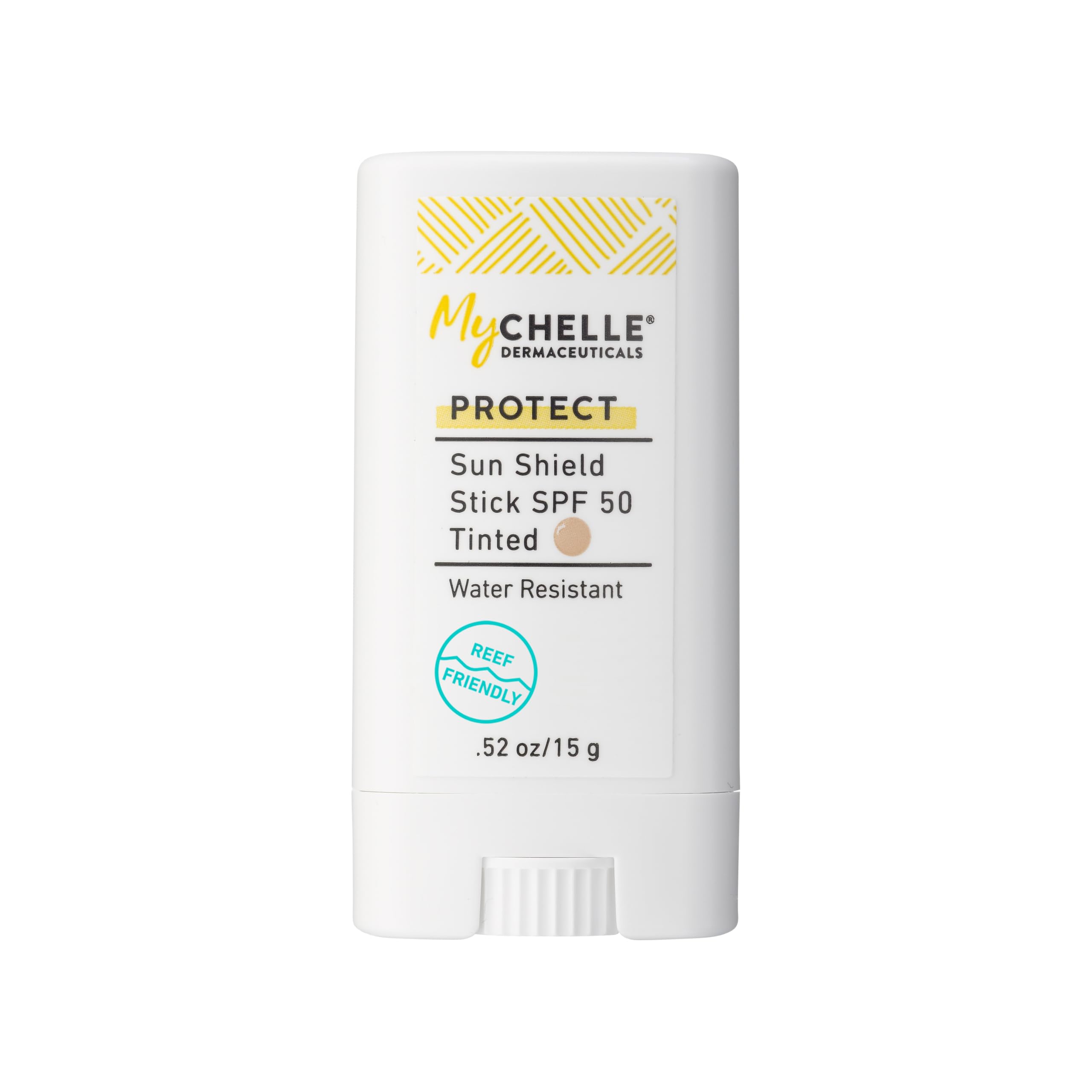 MyCHELLE Sun Shield Stick front view showing compact travel-friendly packaging and SPF benefit