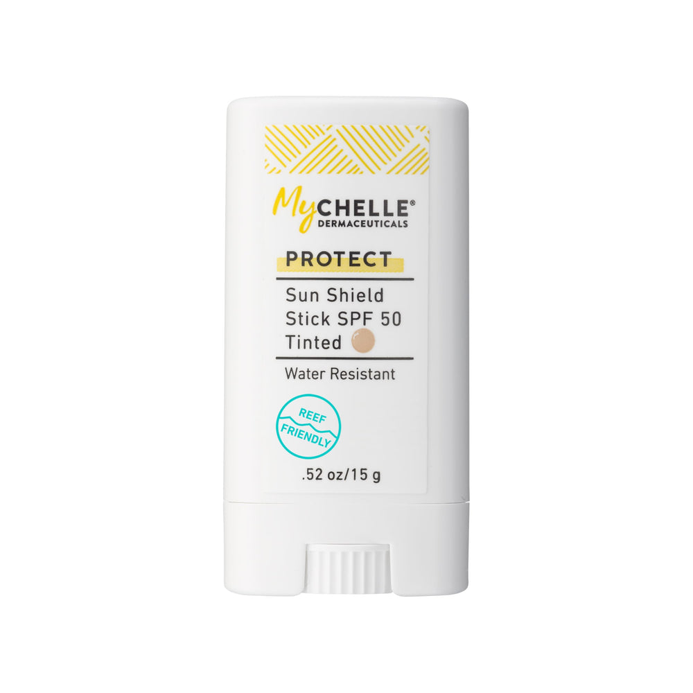 MyCHELLE Sun Shield Stick front view showing compact travel-friendly packaging and SPF benefit