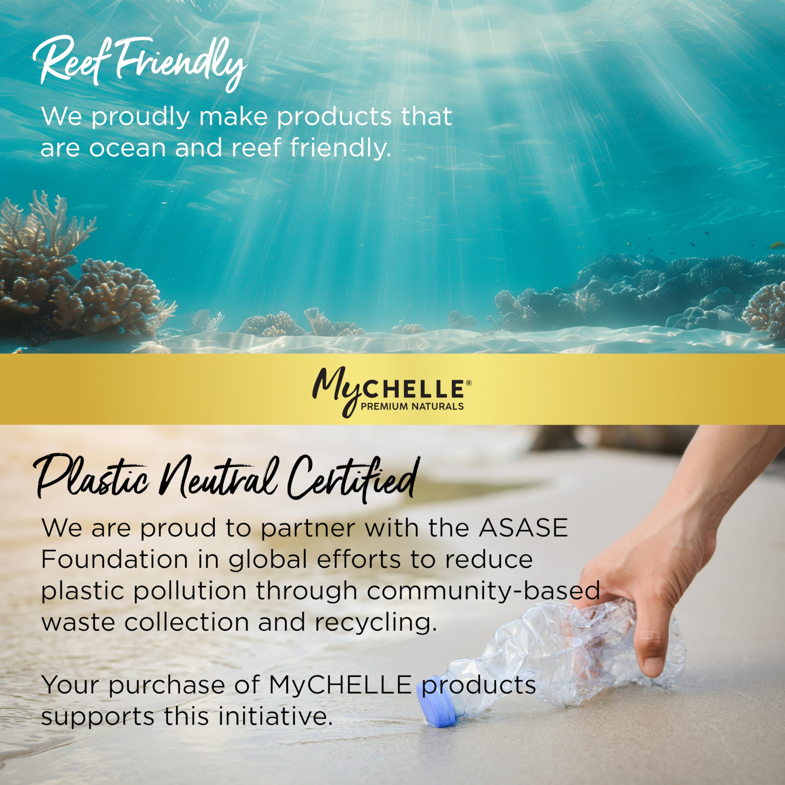 MyCHELLE Sun Shield Stick label close-up showing ingredient highlights and reef-safe claim
