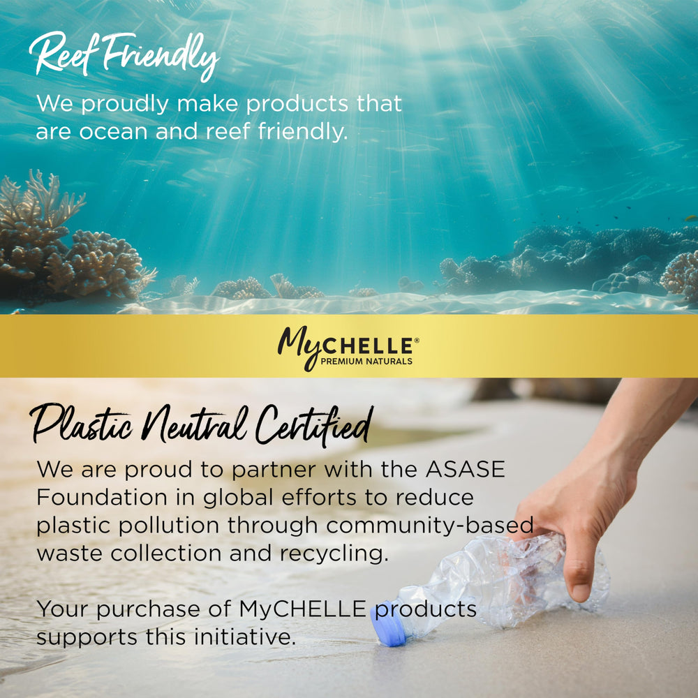 MyCHELLE Sun Shield Stick label close-up showing ingredient highlights and reef-safe claim