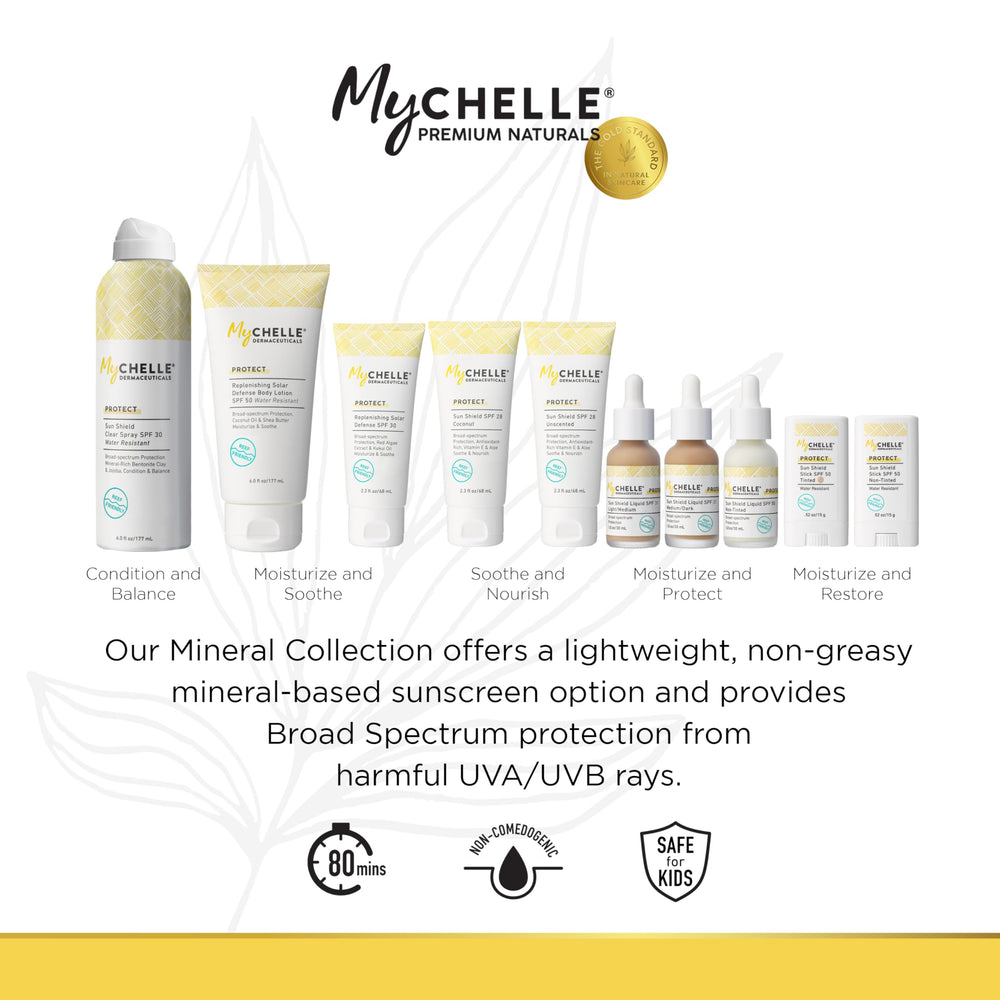 MyCHELLE Sun Shield Stick in a beach bag scene showing water-resistant use outdoors