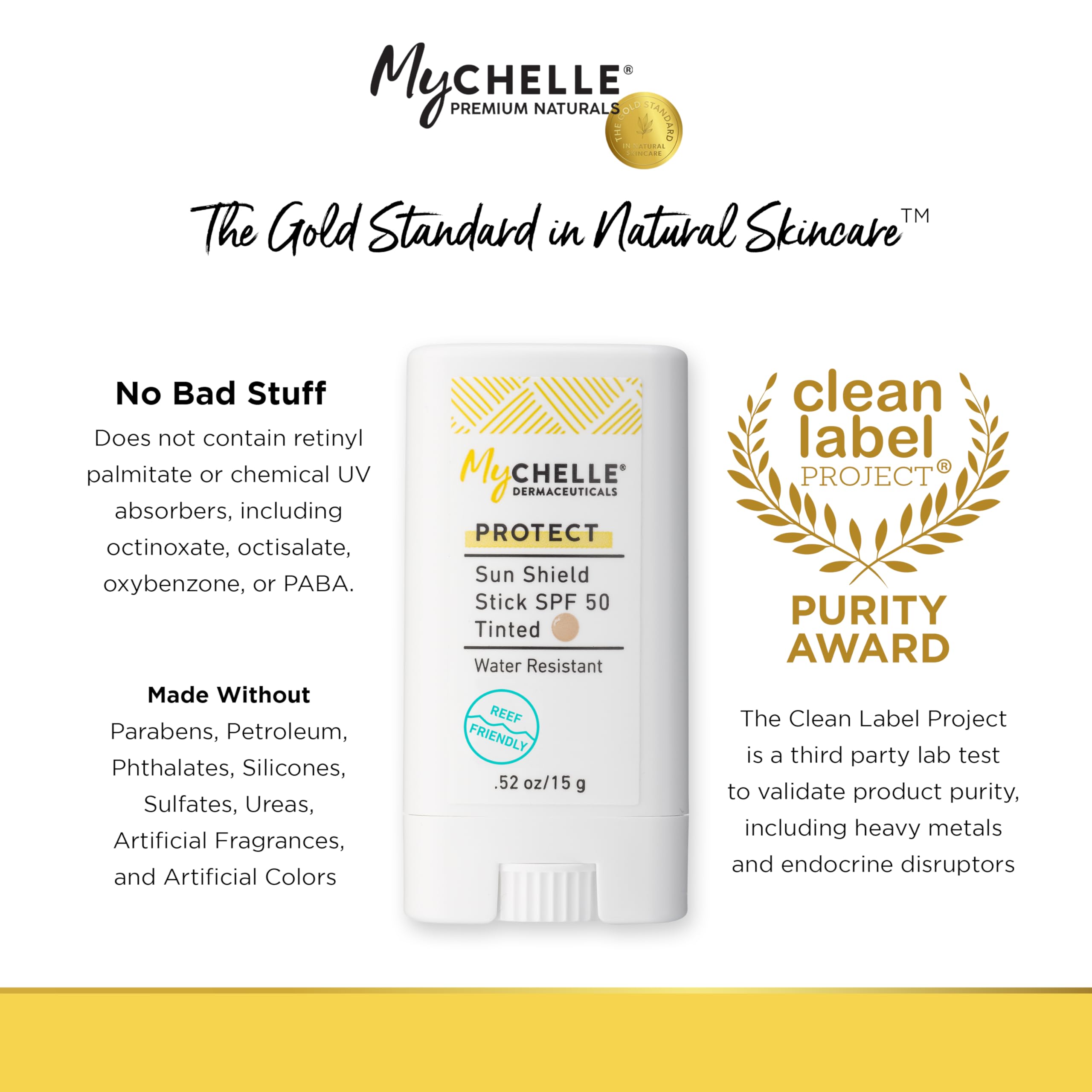 MyCHELLE Sun Shield Stick beside common items showing size and portability benefit