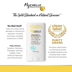 MyCHELLE Sun Shield Stick beside common items showing size and portability benefit