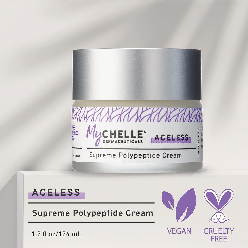 MyCHELLE cream texture close-up highlighting smooth peptide-rich consistency