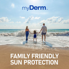 MyDerm ingredients label close-up showing oxybenzone-free reassurance benefit