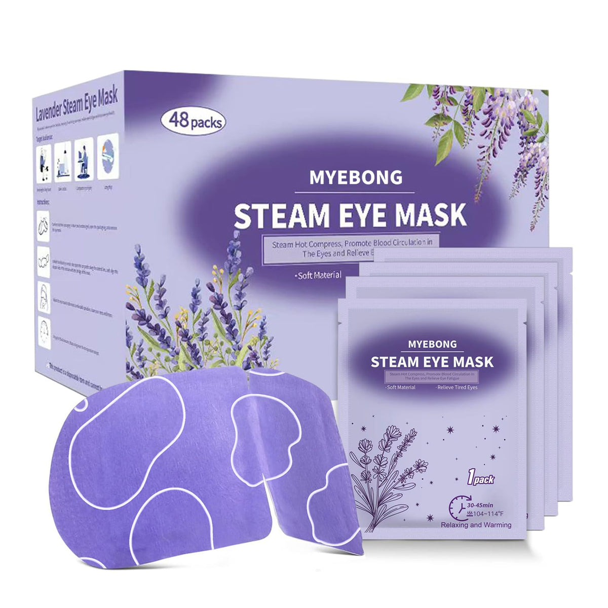 MYEBONG front packaging of 48 lavender steam eye masks showing contents and benefit