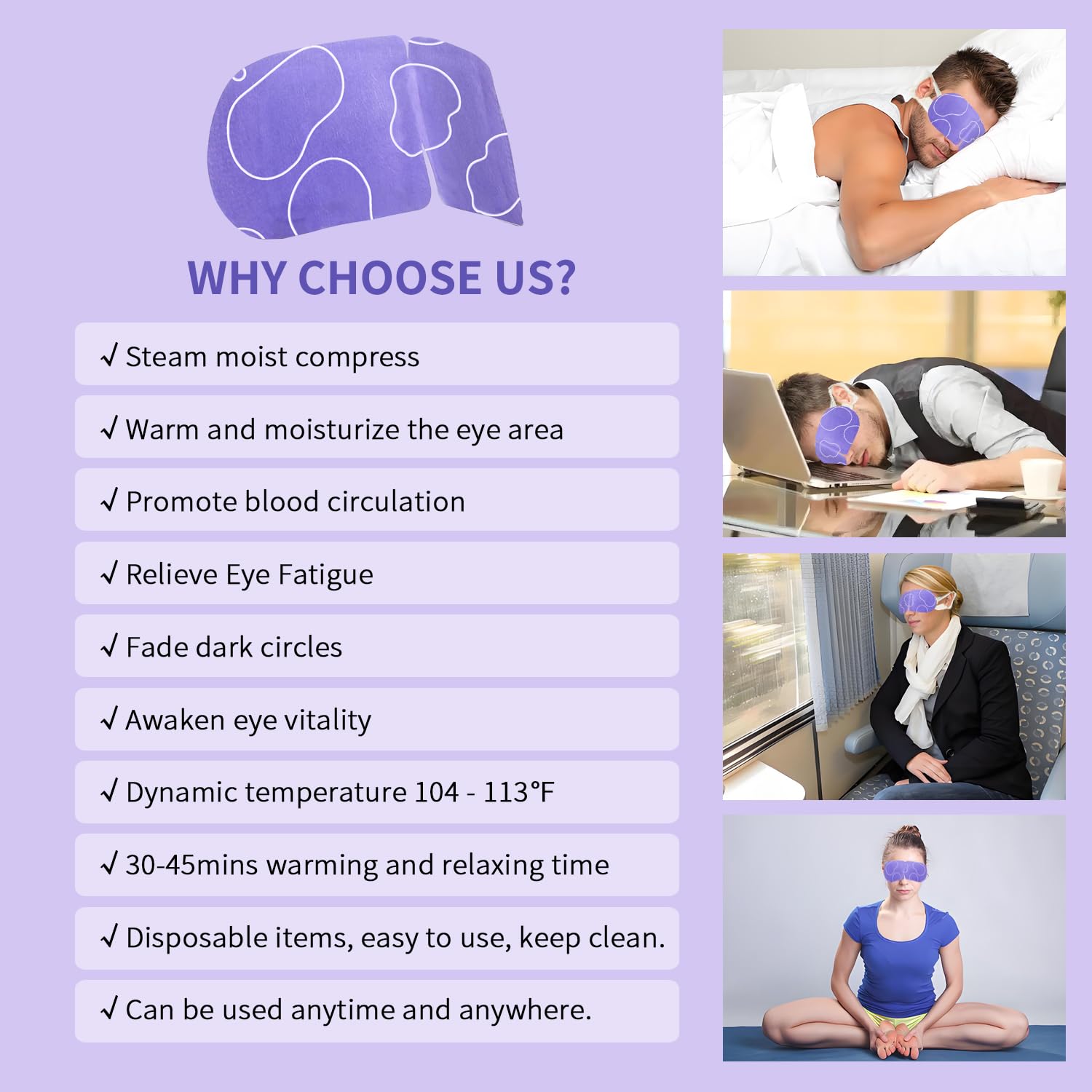MYEBONG person wearing heated eye mask relaxing to show calming benefit