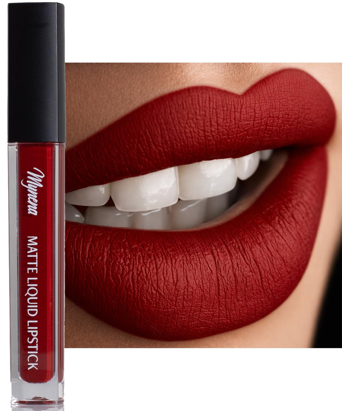 Mynena Elle front packaging showing bold cool red shade and elegant branding benefit: clear shade identification