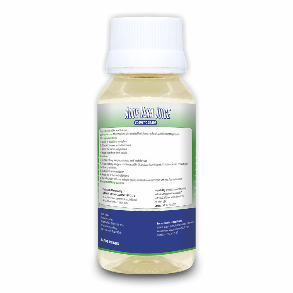 MYOC aloe juice pouring from open cap for easy formulation control