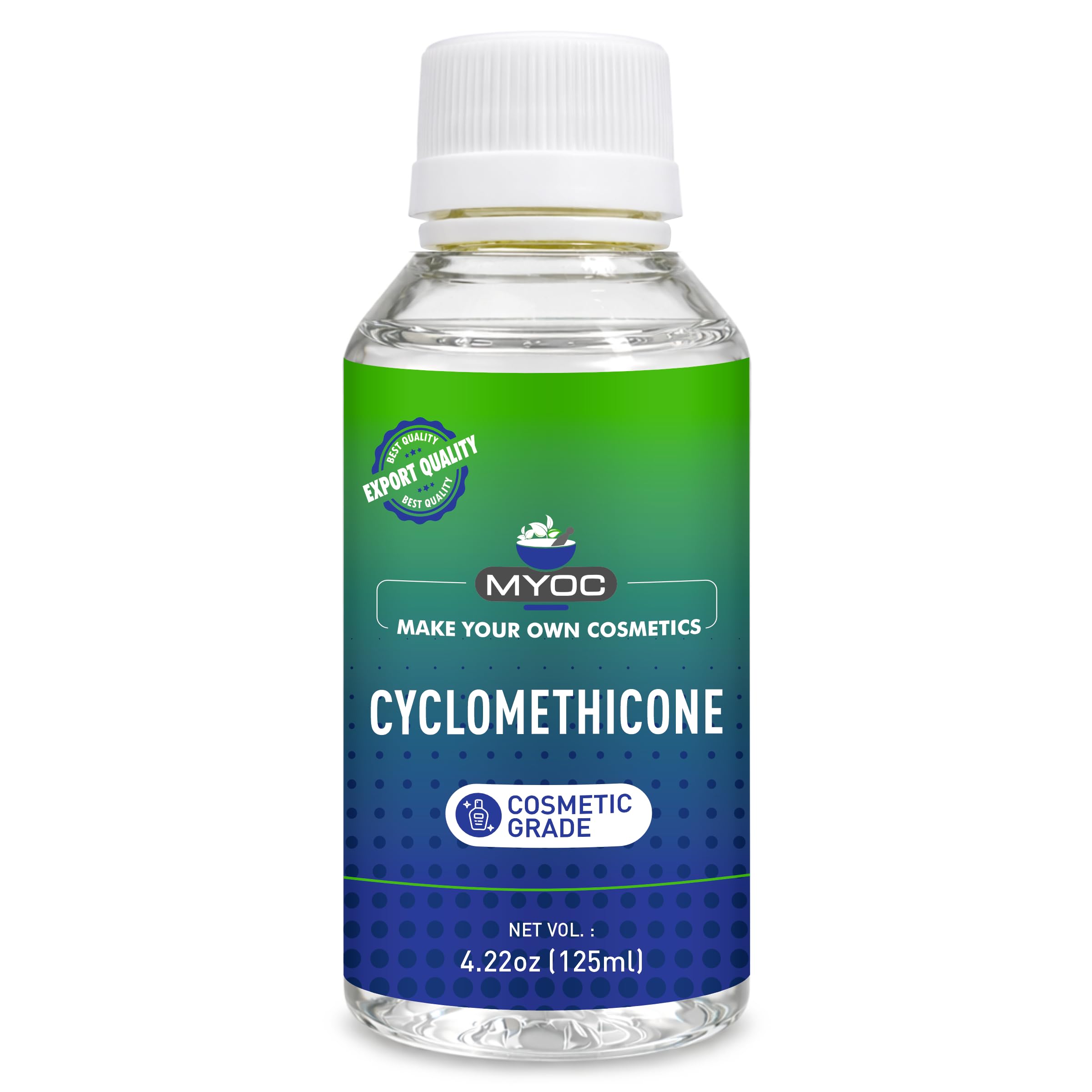 MYOC cyclomethicone front label showing product name and volume benefit smooth formulation