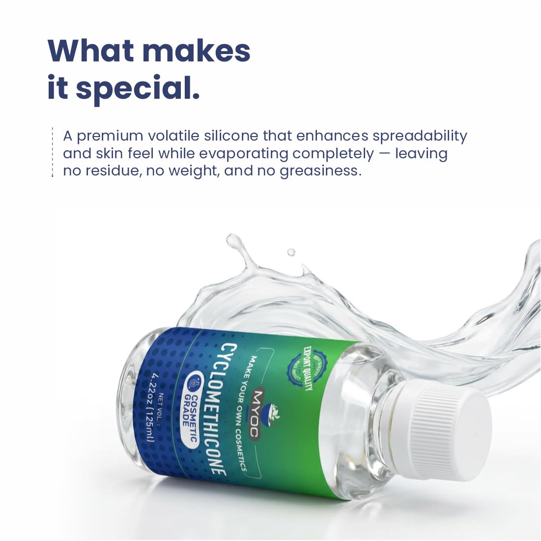 MYOC cyclomethicone texture pour demonstrating lightweight fluid for easy blending