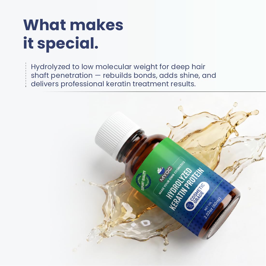 MYOC clear liquid texture close-up illustrating water-soluble, non-gritty finish