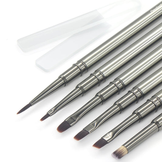 MYR front layout of metal nail brush set showing tools and files for versatile designs