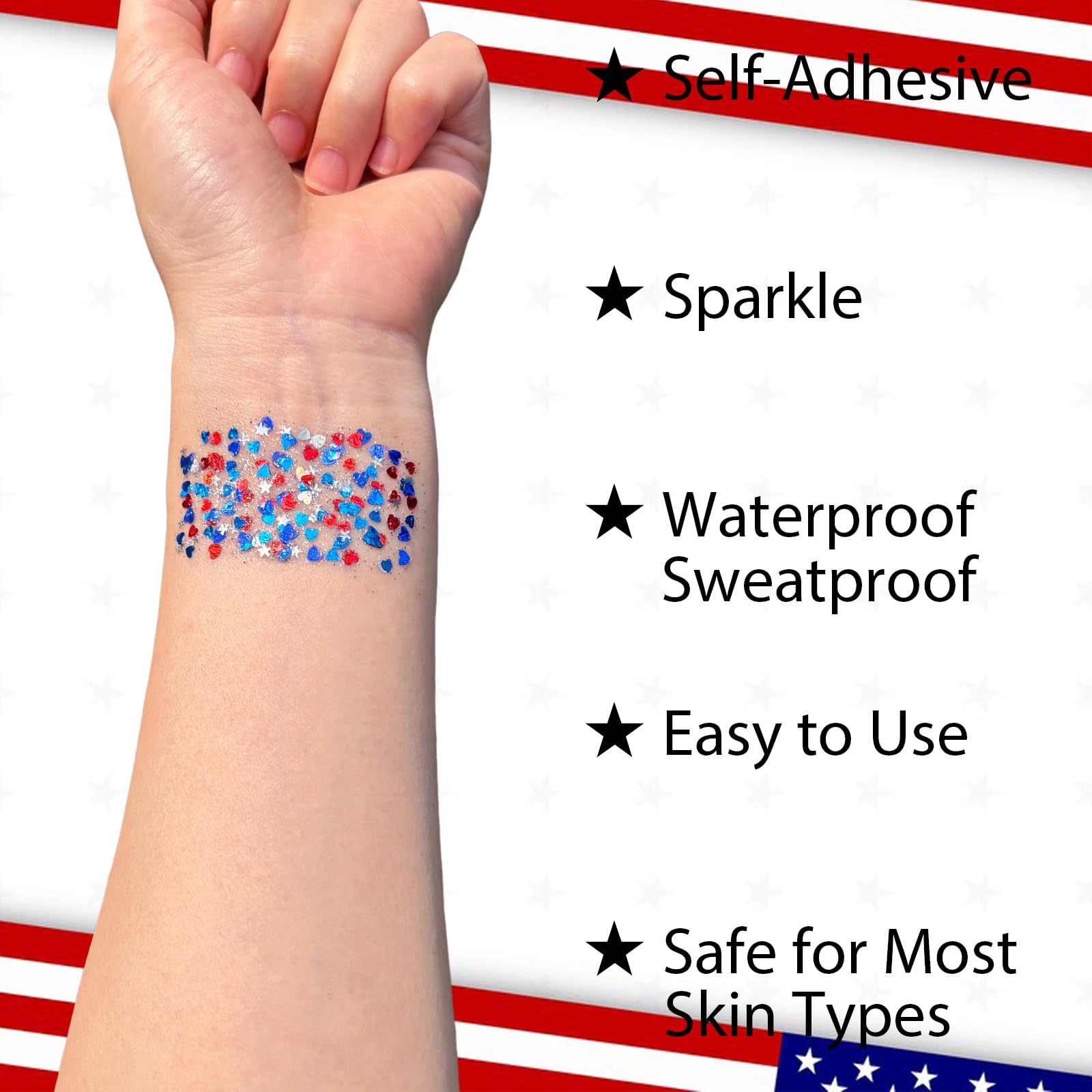 Mysense glitter applied under eye and cheek for photo-ready patriotic highlight