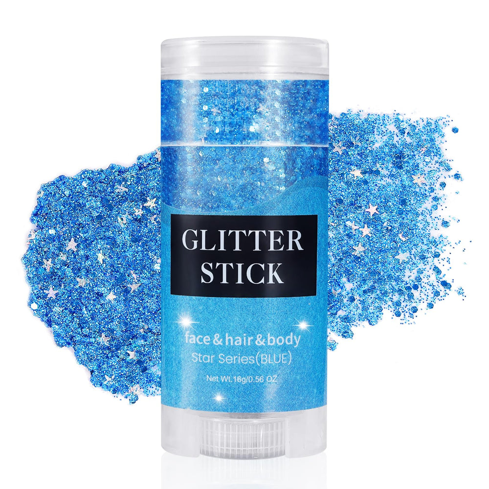 Mysense blue glitter stick front packaging showing twist-up tube and label benefit easy application