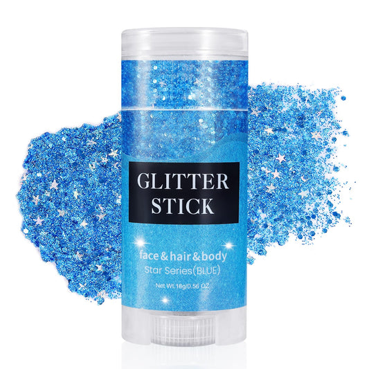Mysense blue glitter stick front packaging showing twist-up tube and label benefit easy application