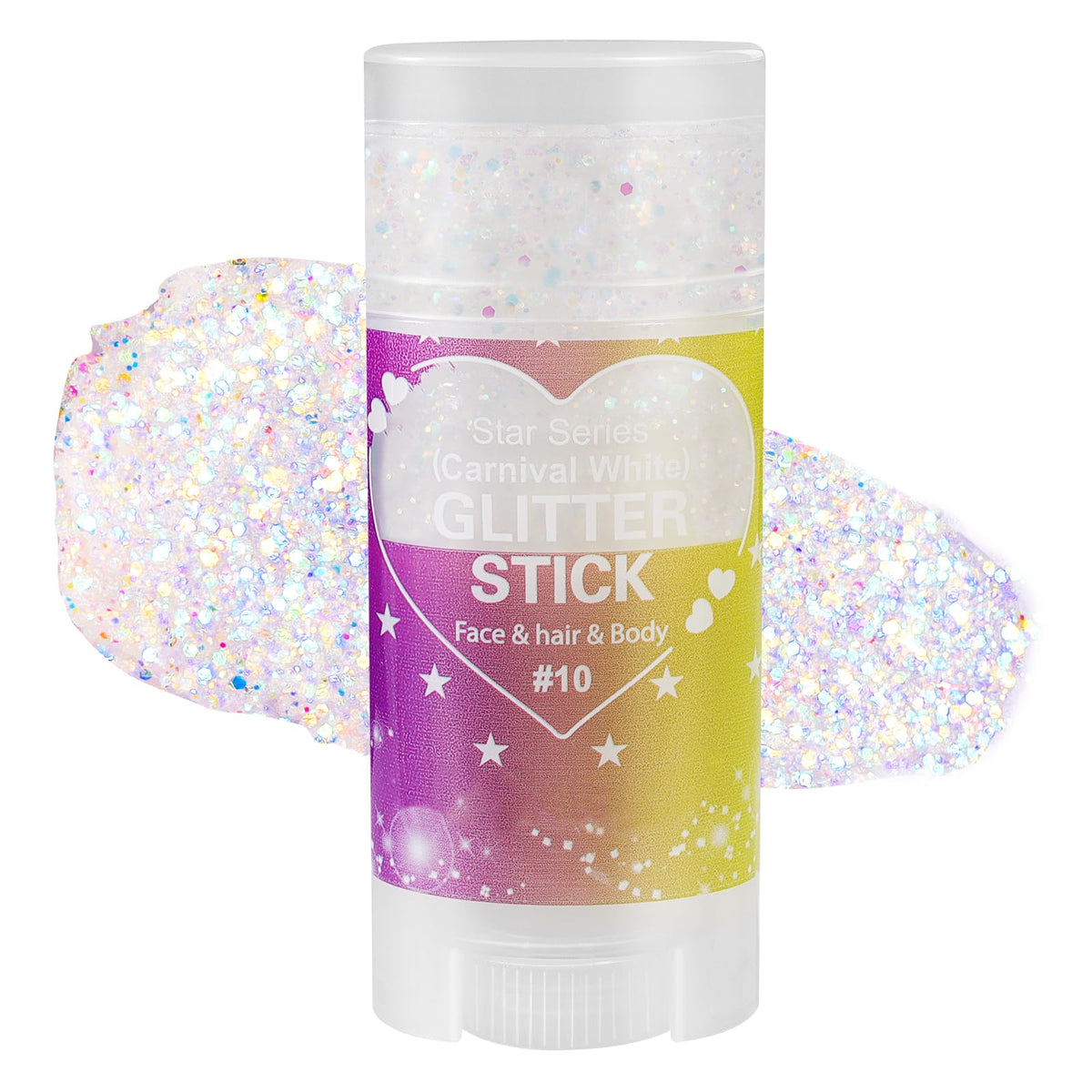 Mysense front view of glitter stick showing compact applicator and label, easy grip