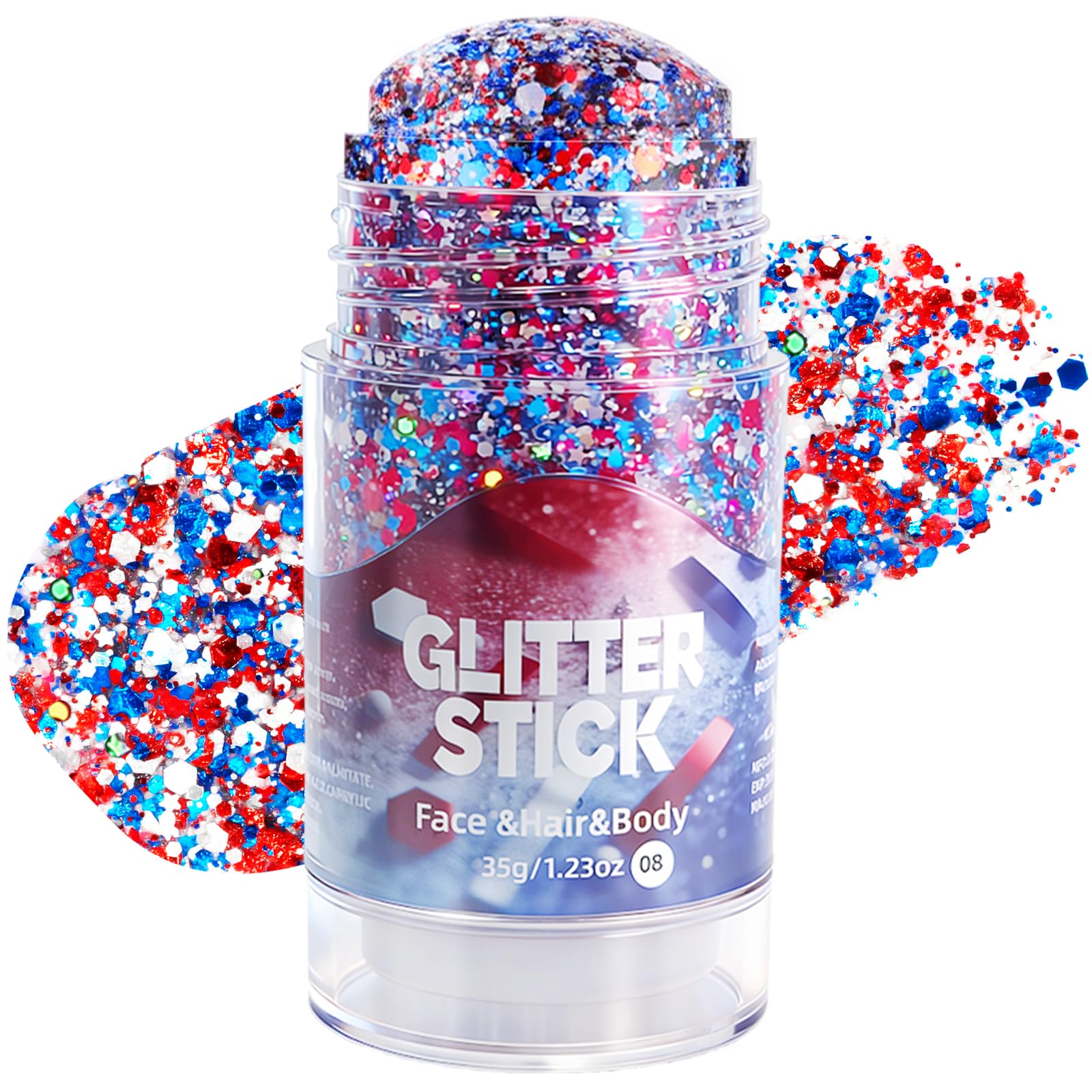 Mysense glitter stick front packaging showing patriotic colors and portability benefit