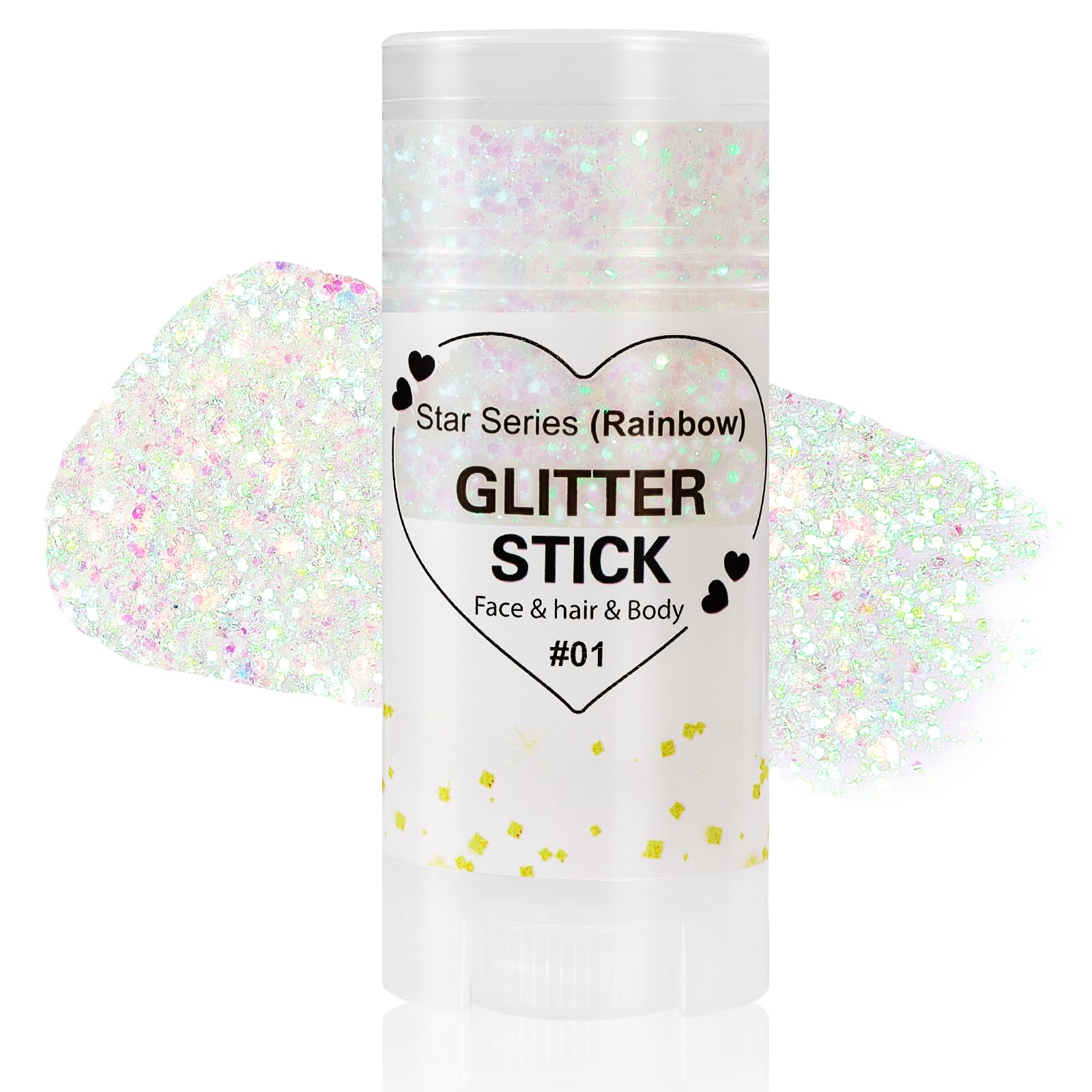 Mysense front stick showing rainbow glitter tip and easy application benefit