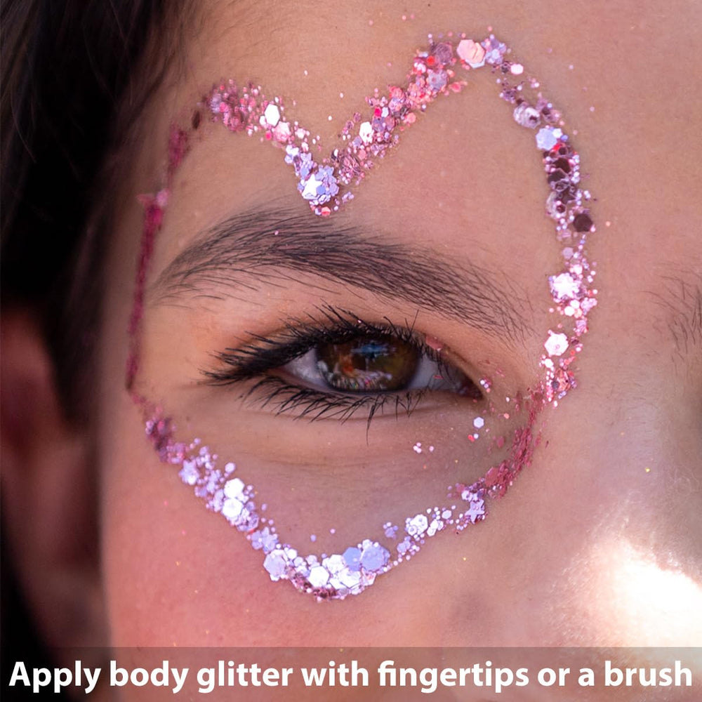 Mysense glitter in use on cheek highlights for quick festival sparkle