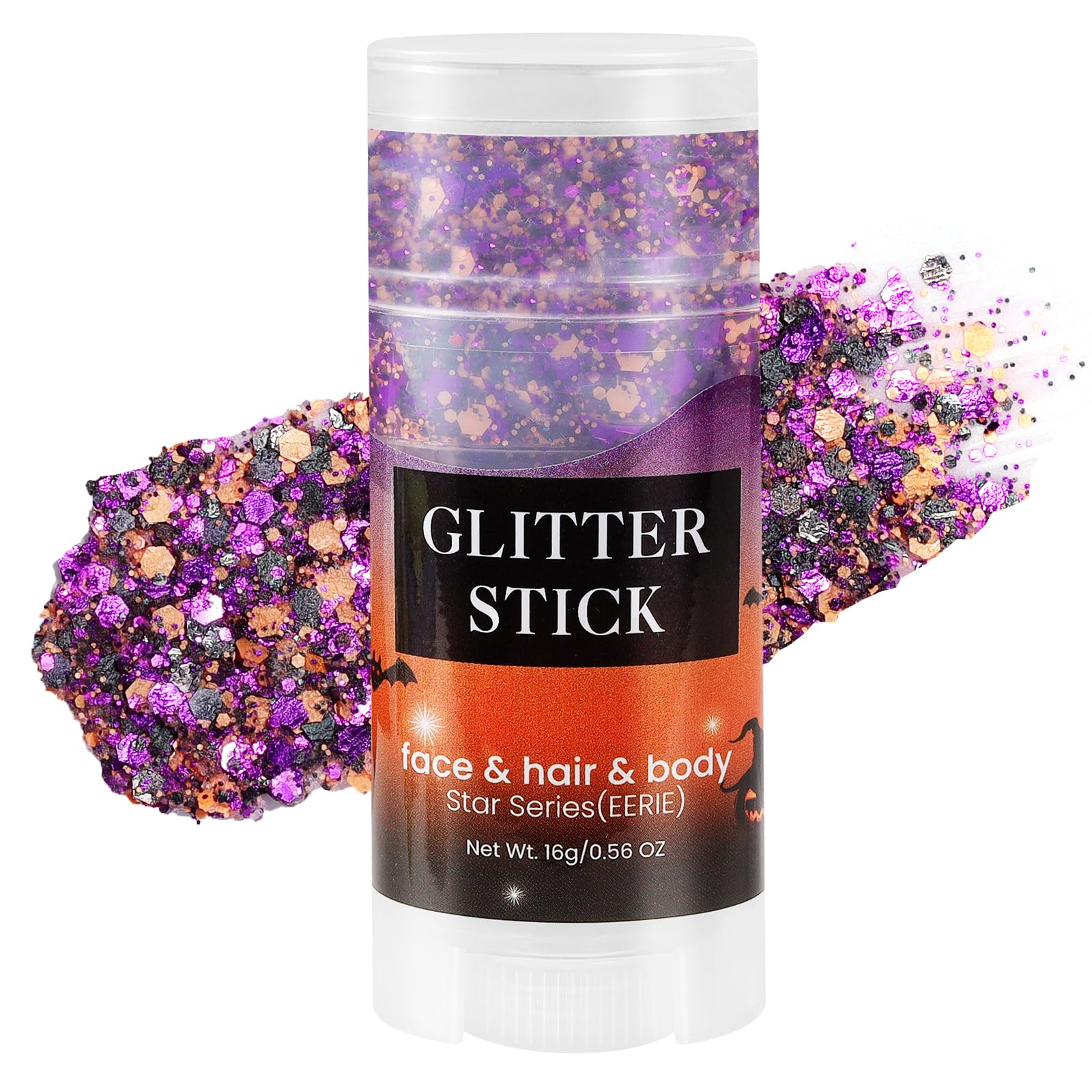 Mysense glitter stick front view showing black purple orange mix and bold packaging benefit
