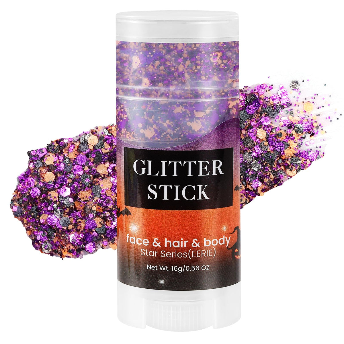 Mysense glitter stick front view showing black purple orange mix and bold packaging benefit