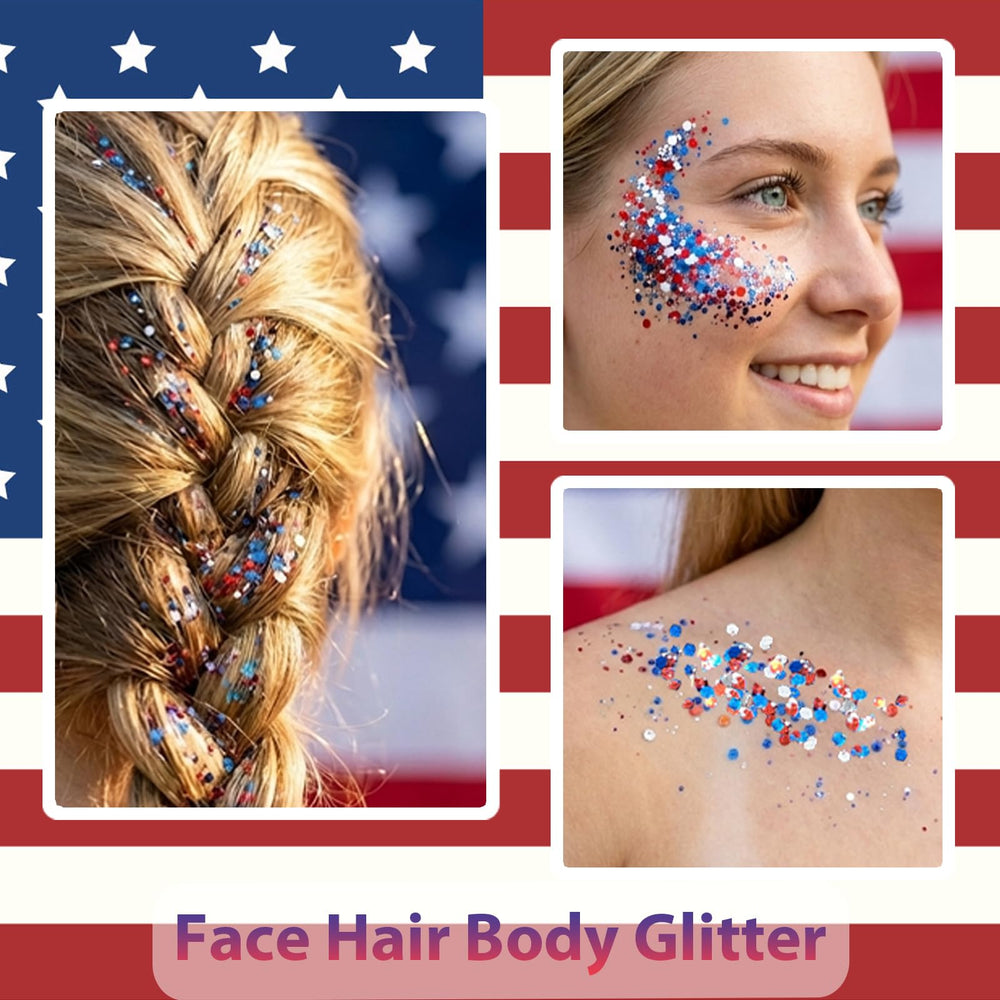 Mysense glitter on hair roots adding patriotic pop and staying put