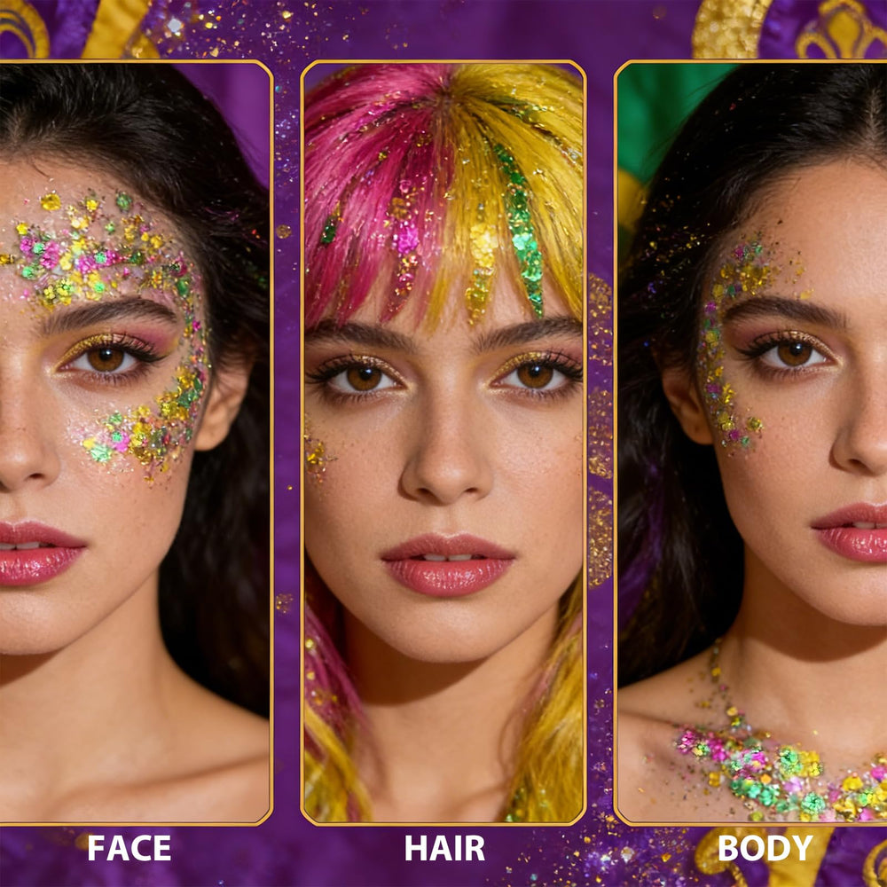 Hair strands with Mysense glitter streaks adding durable purple green gold accents