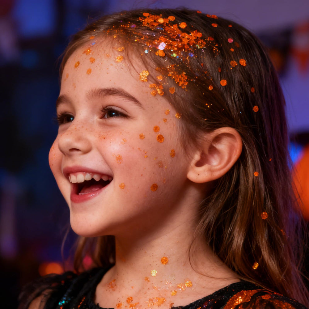Mysense orange glitter closeup texture showing chunky sequins and micro-glitter for multidimensional shine