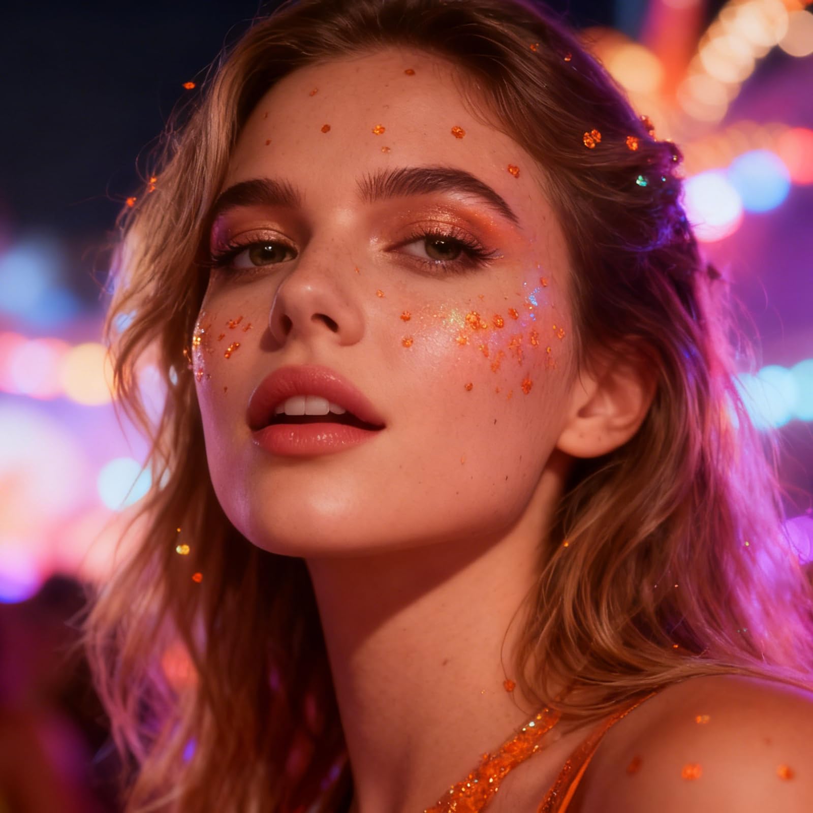 Mysense orange glitter applied to hair root and braid adding reflective highlights and stage-ready shine