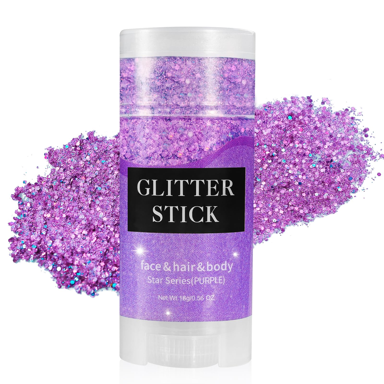 Mysense purple glitter stick front view showing compact twist-up design and color boost