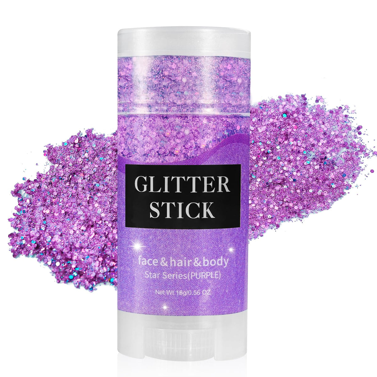 Mysense purple glitter stick front view showing compact twist-up design and color boost