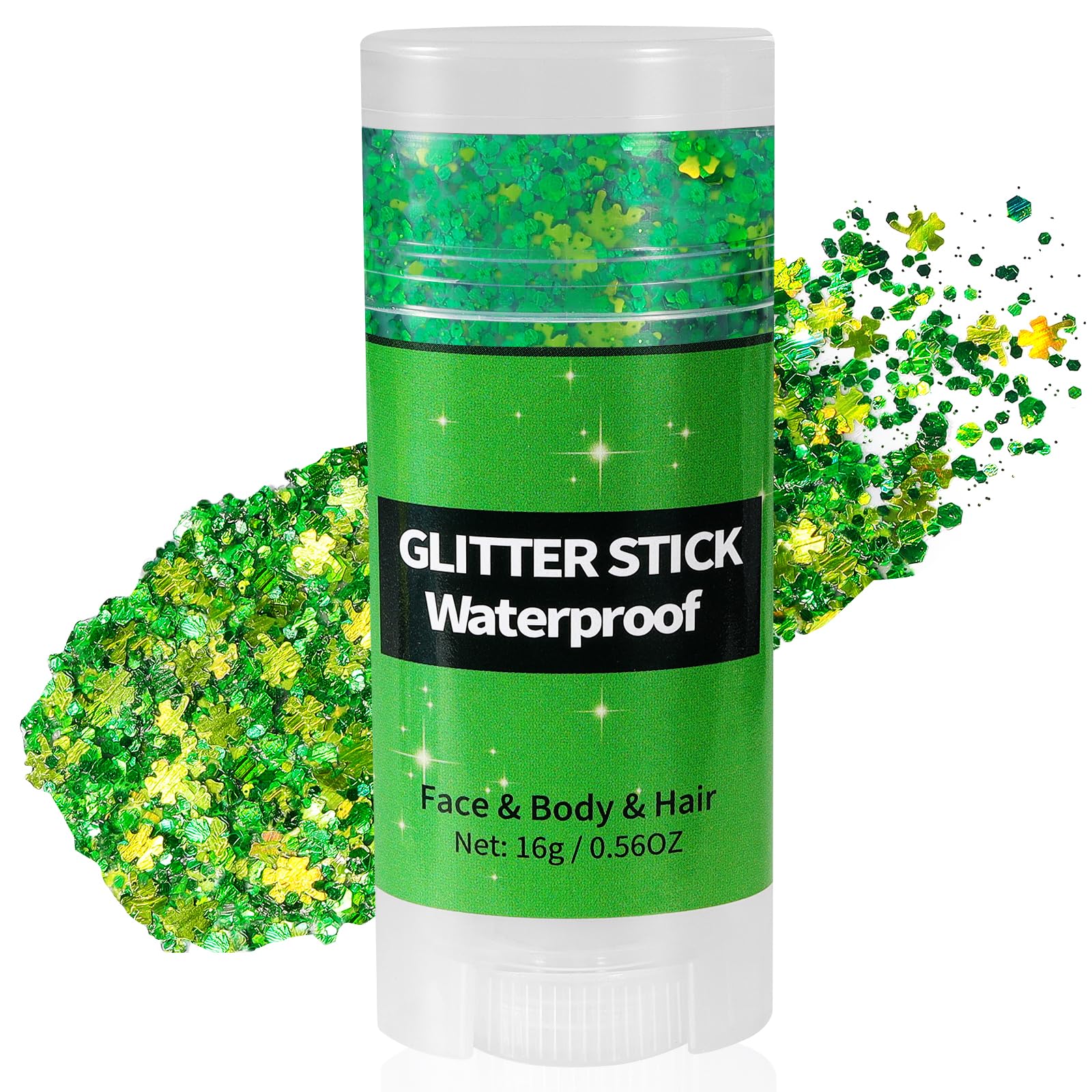 Mysense stick front packaging showing green shamrock design and benefit of festive sparkle