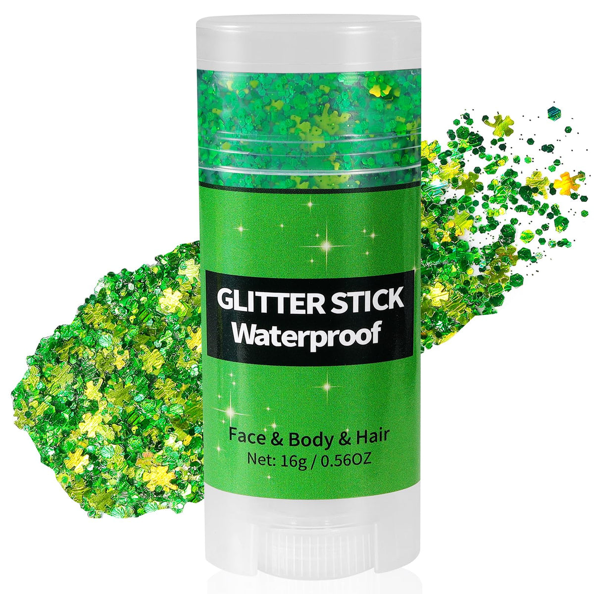 Mysense stick front packaging showing green shamrock design and benefit of festive sparkle