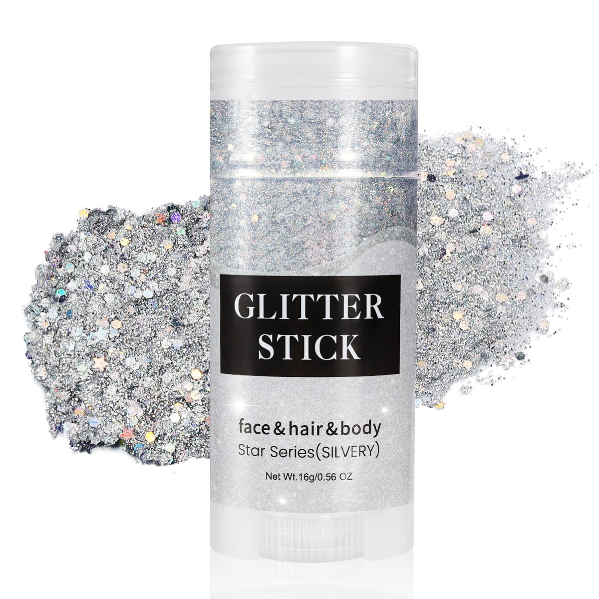 Mysense silver glitter stick front view showing compact applicator and cap for easy portability