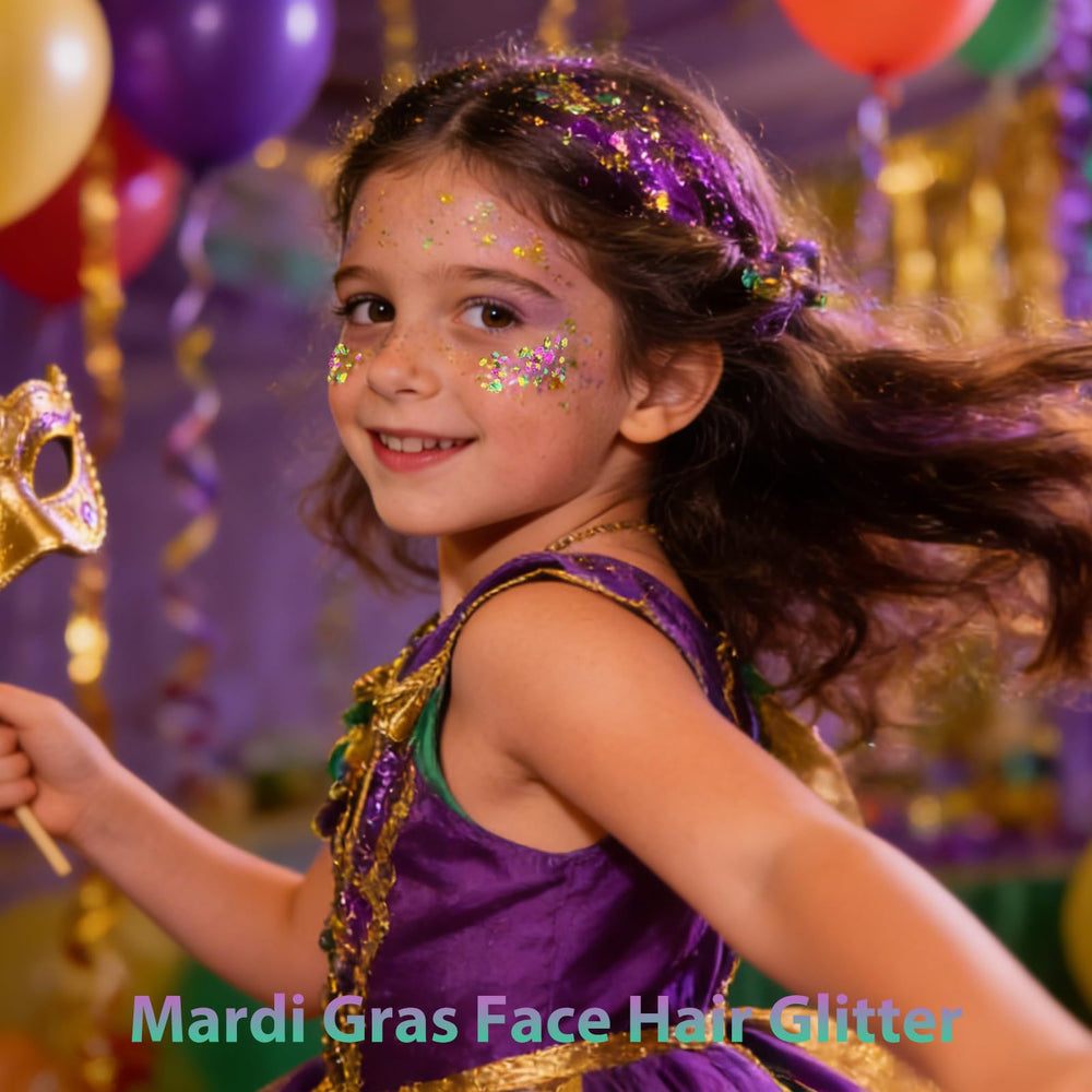 Close-up of Mysense chunky glitter texture displaying purple, green and gold sparkle