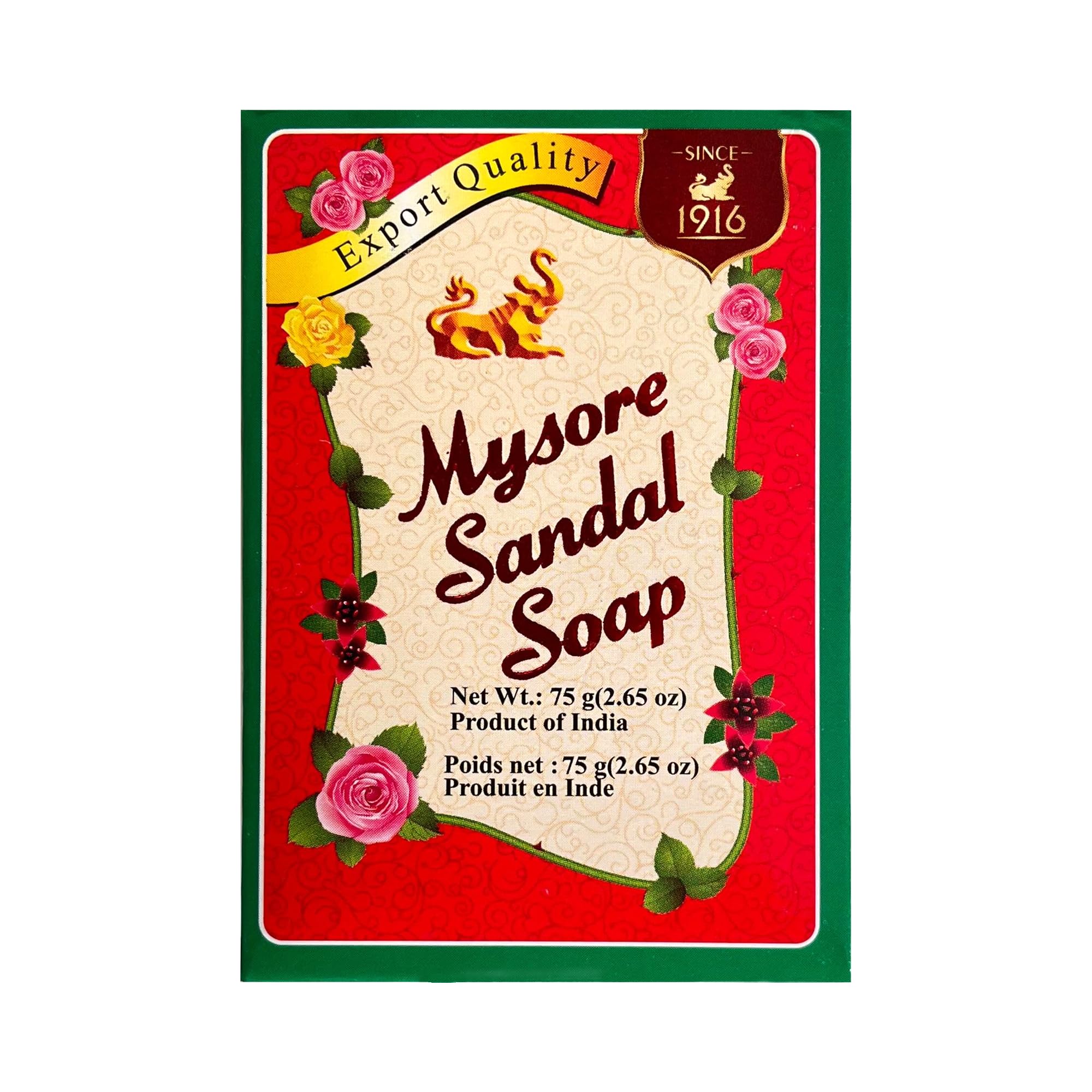 Mysore Sandal front packaging showing four soap bars and brand benefits