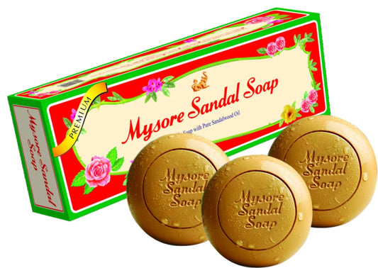 Mysore Sandal soap front packaging showing three bars and natural appeal