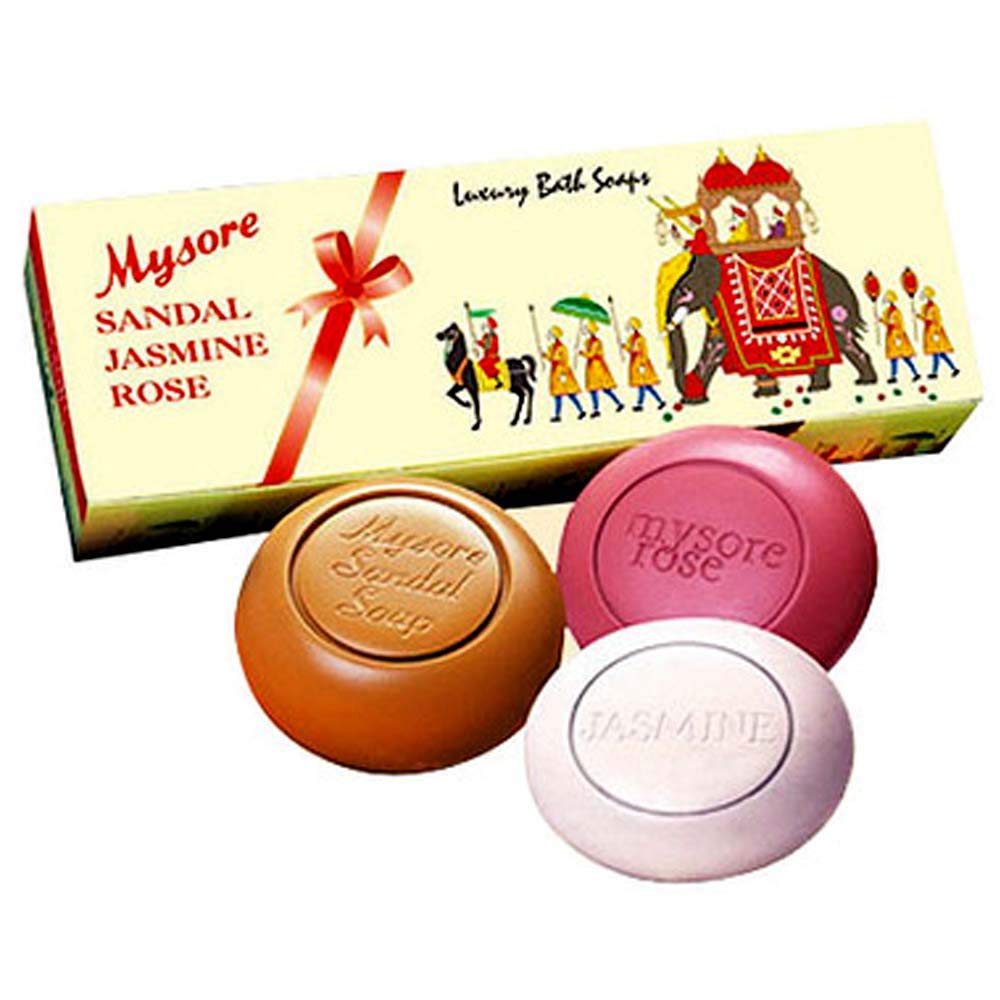 Mysore Sandal trio front packaging showing all three bars and clear labeling benefits