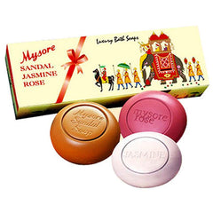 Mysore Sandal trio front packaging showing all three bars and clear labeling benefits