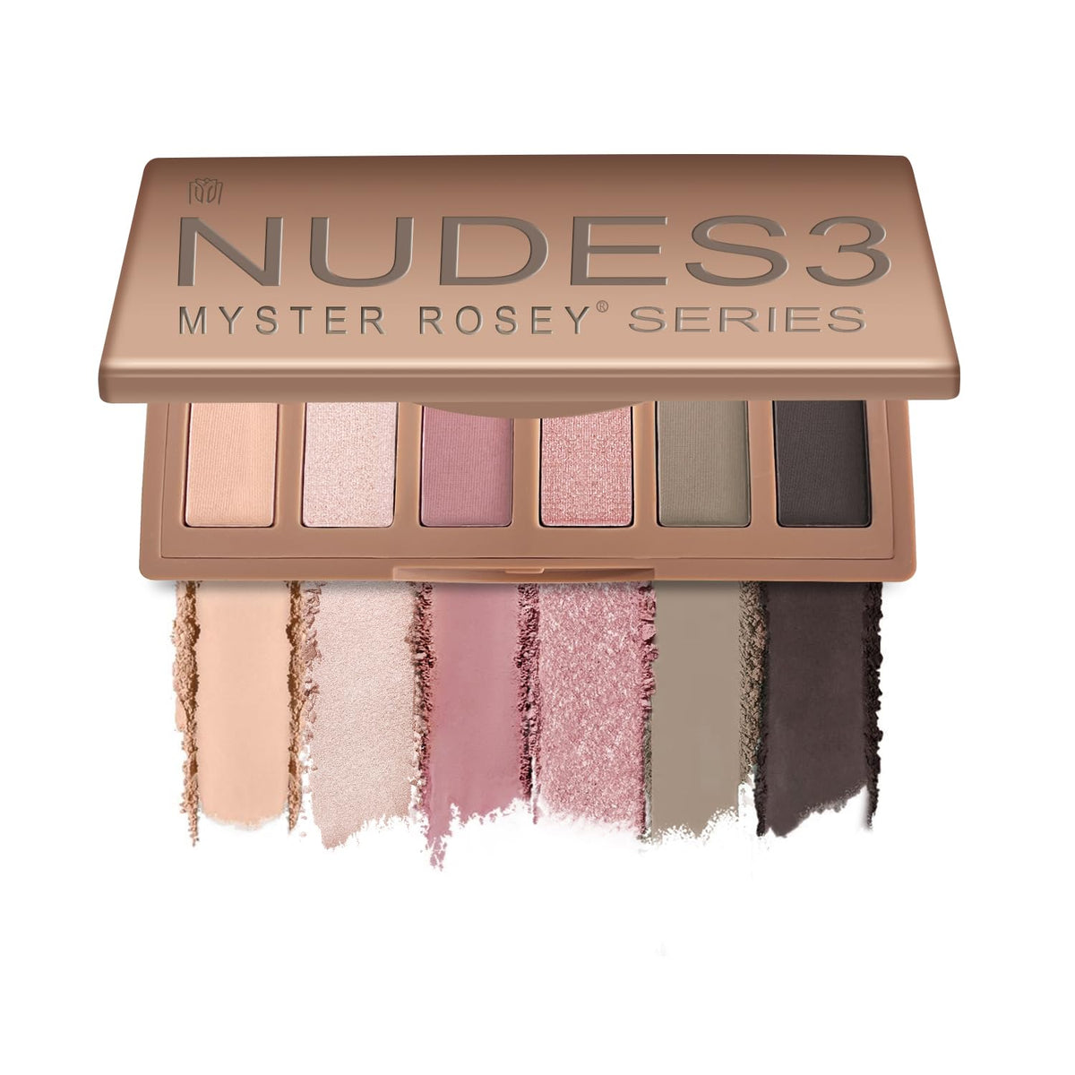 MYSTER ROSEY front packaging showing compact six-shade layout and travel-friendly pouch