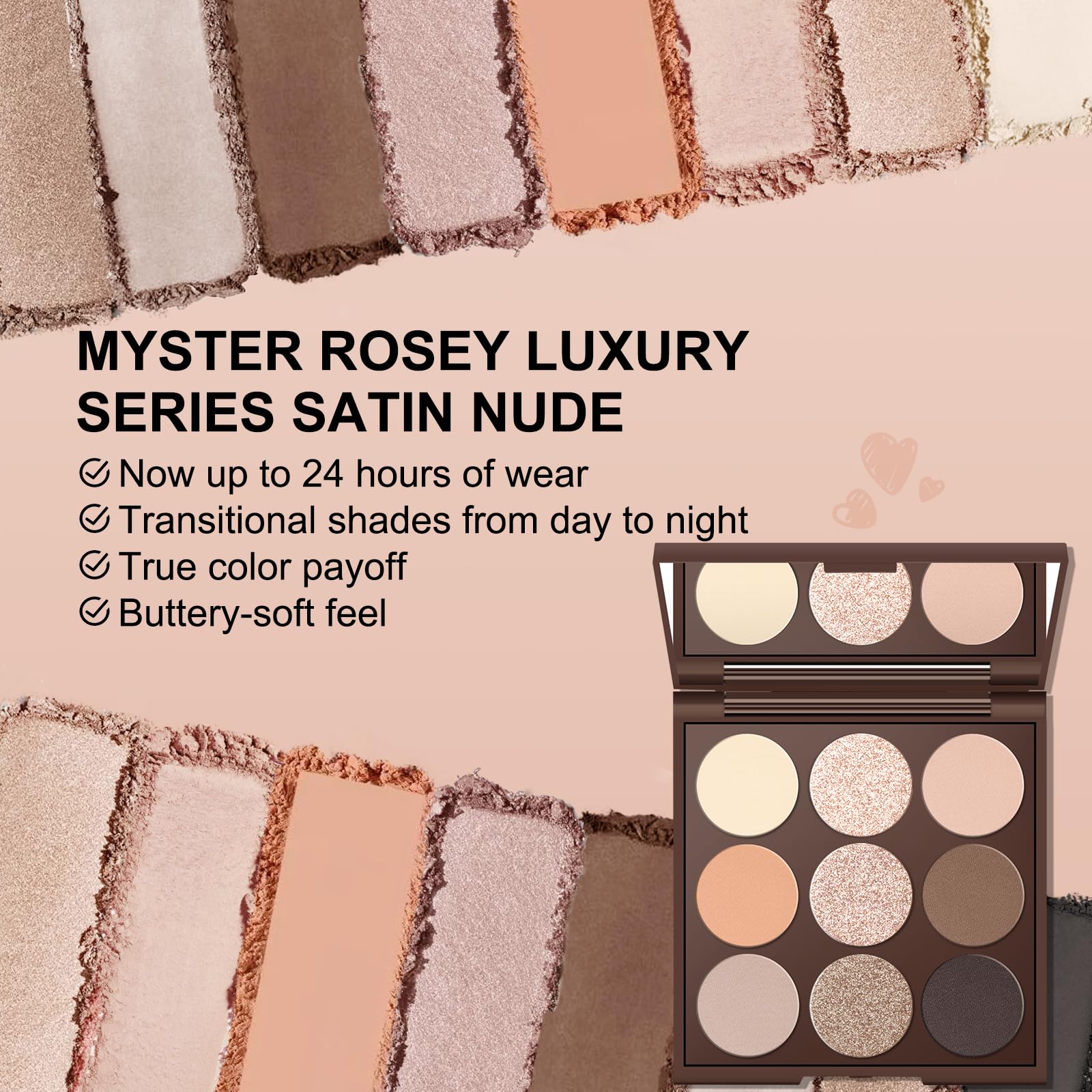 MYSTER ROSEY palette held open with mirror visible for on-the-go touch-ups and convenience